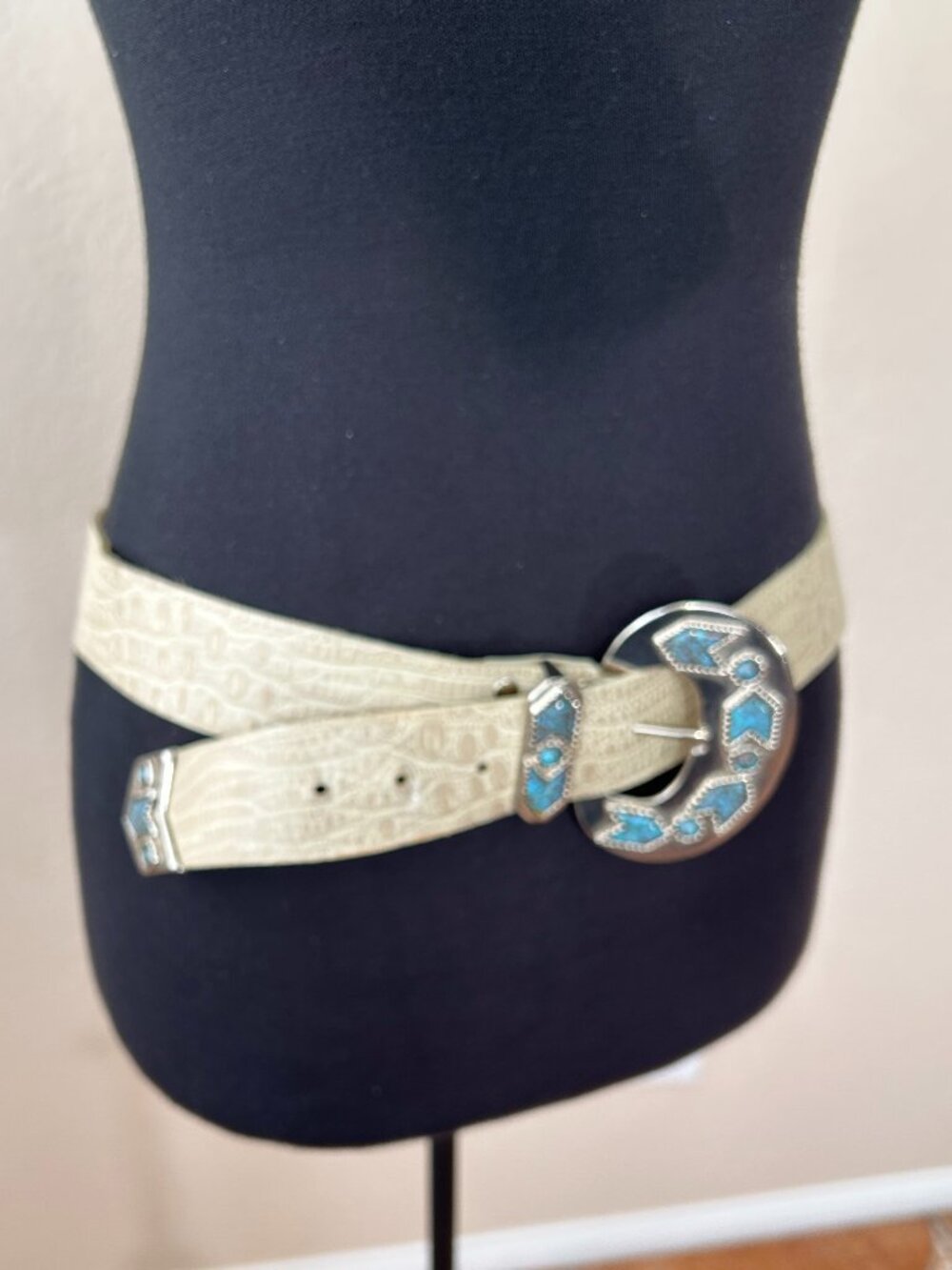 Western Turquoise Buckle Belt Cream Leather Chunky Boho Festival Extended Length